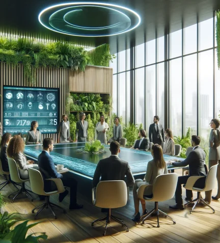 DALL·E 2024-05-12 18.14.35 - A depiction of a diverse, professional team meeting in a futuristic, sustainable office space. The office features eco-friendly materials, large windo