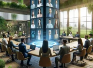 DALL·E 2024-05-12 18.16.41 - A depiction of a diverse, professional team engaging in a virtual meeting within a futuristic, sustainable office space. The office features eco-frien