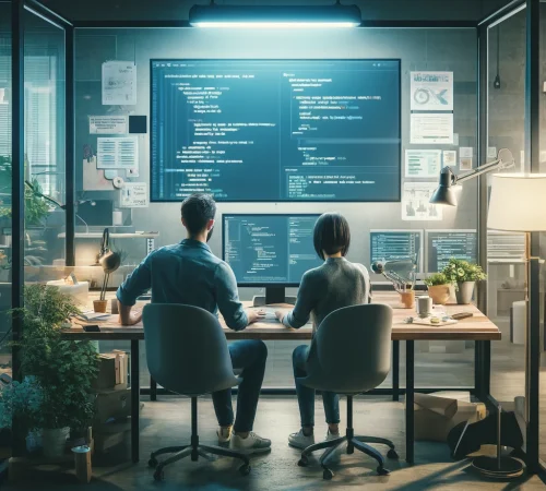 DALL·E 2024-05-14 15.49.26 - A realistic and human-focused conceptual image depicting custom software development. The scene shows a small, dedicated team of two professionals, a