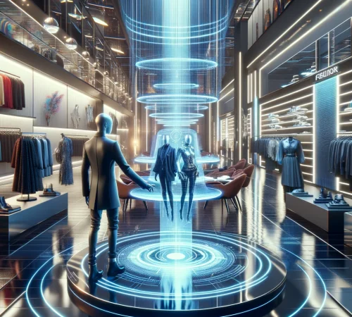 DALL·E 2024-05-14 16.10.03 - A conceptual image of a human shopping in a high fashion metaverse store. The scene depicts a stylish avatar, representing a person, browsing through