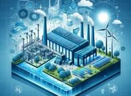 DALL·E 2024-06-04 20.11.48 - An illustration of a sustainable manufacturing plant with a blue color scheme and a transparent effect. The image shows a modern factory with solar pa