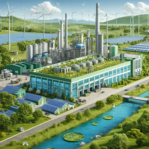 DALL·E 2024-06-04 20.21.51 - A realistic image of a sustainable manufacturing plant. The scene shows a modern factory with green rooftops, solar panels, and wind turbines. The pla