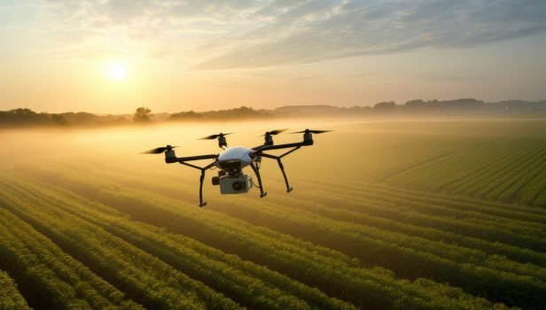 Drone flying over agricultural field at sunrise. Drone flying over agricultural field, Drone analyzing farmers' fields during sunrise, AI Generated