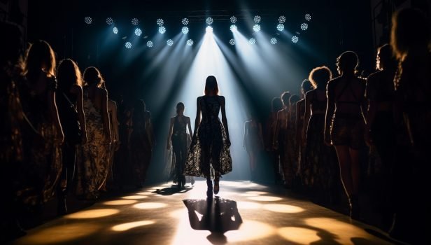 Fashion models walking in illuminated performance space generated by artificial intelligence